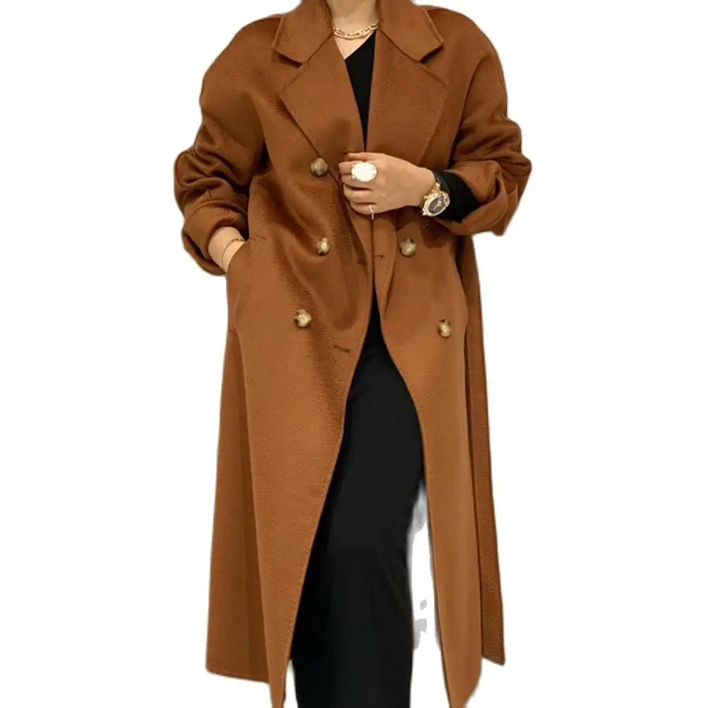 

2022 New Women Fashion Water Ripple Woolen Overcoat 100% Wool Long Loose Cloak Solid Color With Belt Euro Style Brand