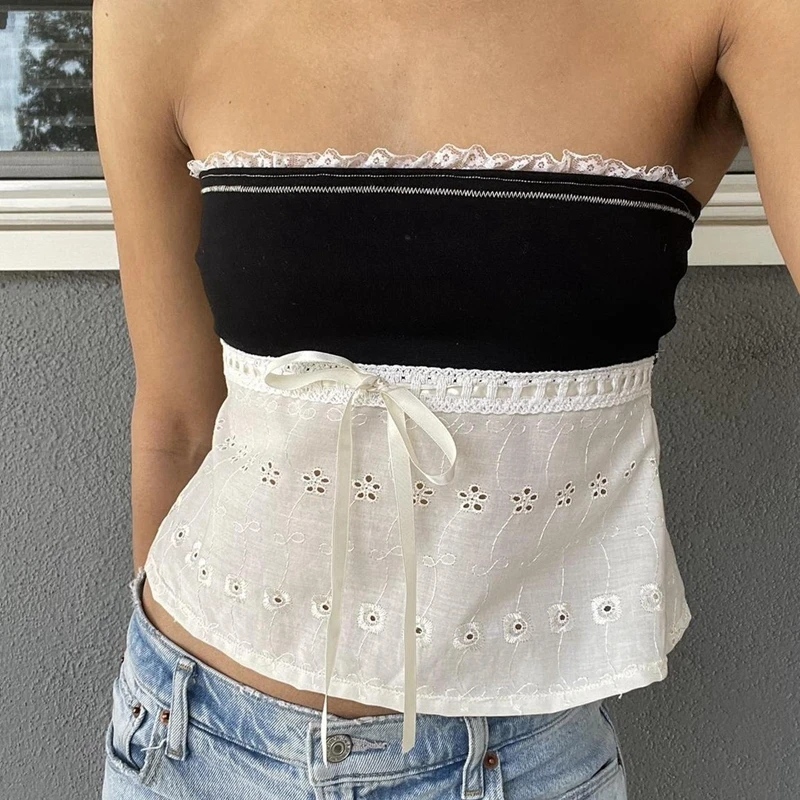 

Y2K Aesthetic Summer Women Fairy Grunge Lace Trim Print Tube Top 2000s Retro Mesh Tie Up Tank Top E-girl Pink Vest Streetwear