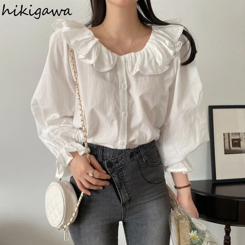 

2023 Blusas De Mujer Sweet Peter Pan Collar Flare Sleeve Blouse Women Loose Vintage White Shirts Fashion Korean Blouses Tops