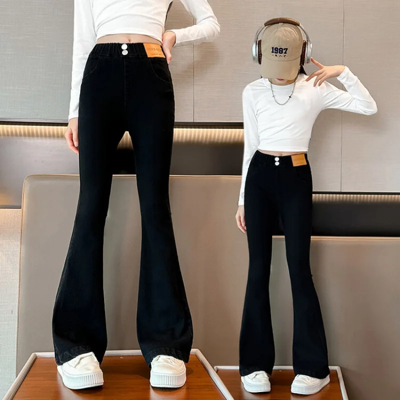 Черные расклешенные брюки для девочек новые весенне-осенние облегающие джинсы с
