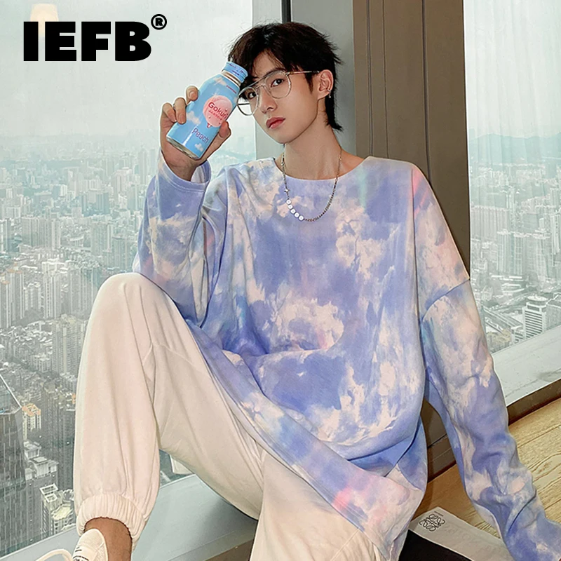 

IEFB Spring New Men's Tie Dyed Men's Sweatshirt 2023 Contrast Color Round Neck Long Sleeve Male Tops Korean Fashion 9A7084