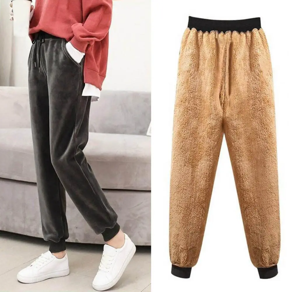 

Women Winter Fur Pants Elastic Waist Mid-Rise Slant Pockets Thickened Autumn Drawstring Fleece Lined Sweatpants Streetwear