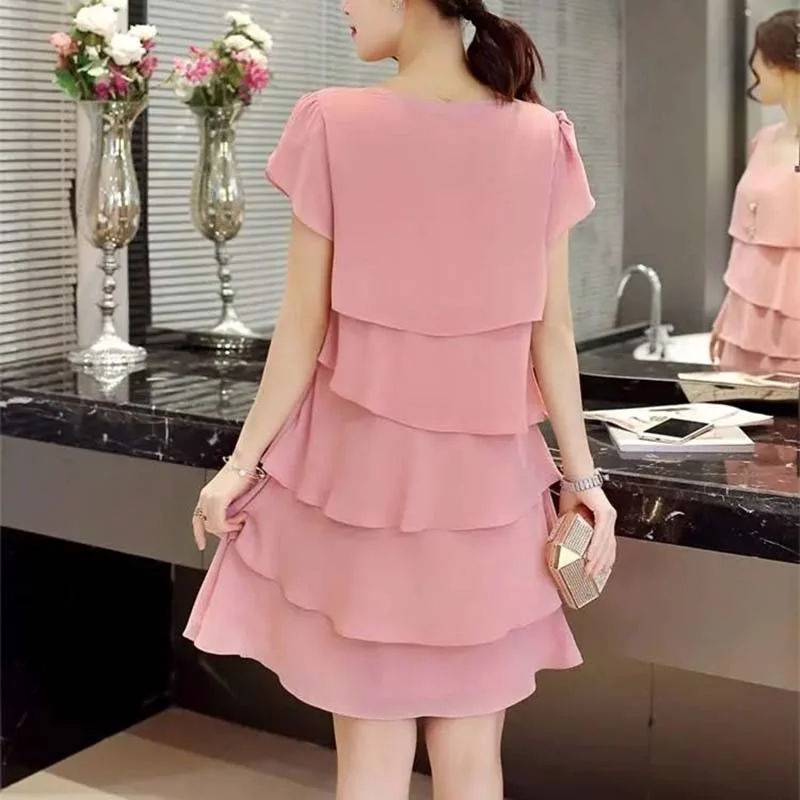 Summer slim mid-length chiffon dress loose short sleeves to send mom's pajamas fashion simple o collar casual peplum nightdress