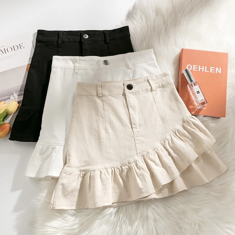 

Summer Women Skirt Denim All Match High Waist Slim Sexy Lotus Ruffles Mini 2022 New Ladies Skirts Korean Style 3 Color Jean I182