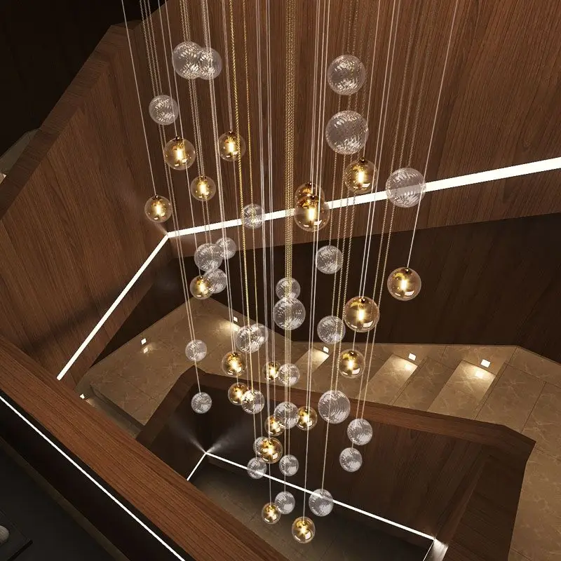 الدرج الدوار طويل الثريا ضوء كرة زجاجية فاخرة الجوف لوفت الأوسط بناء دوبلكس ثريا كبيرة