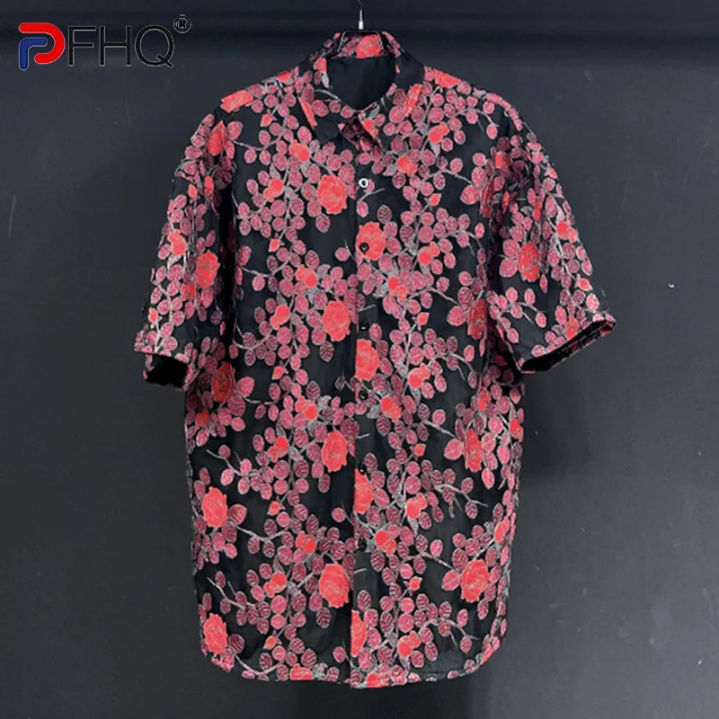 

PFHQ Summer Men's Tide Flowers Shirts Lace Embroidery Sunscreen Loose High Quality Lapel Simple Creativity Delicacy Tops 21Z1122