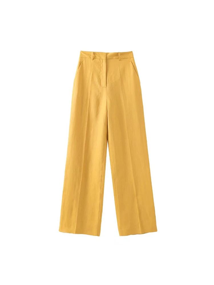 

2022 Summer Women Casual Straight Pants Solid Linen High waist Pockets Female Fashion Street Loose Pants Trousers