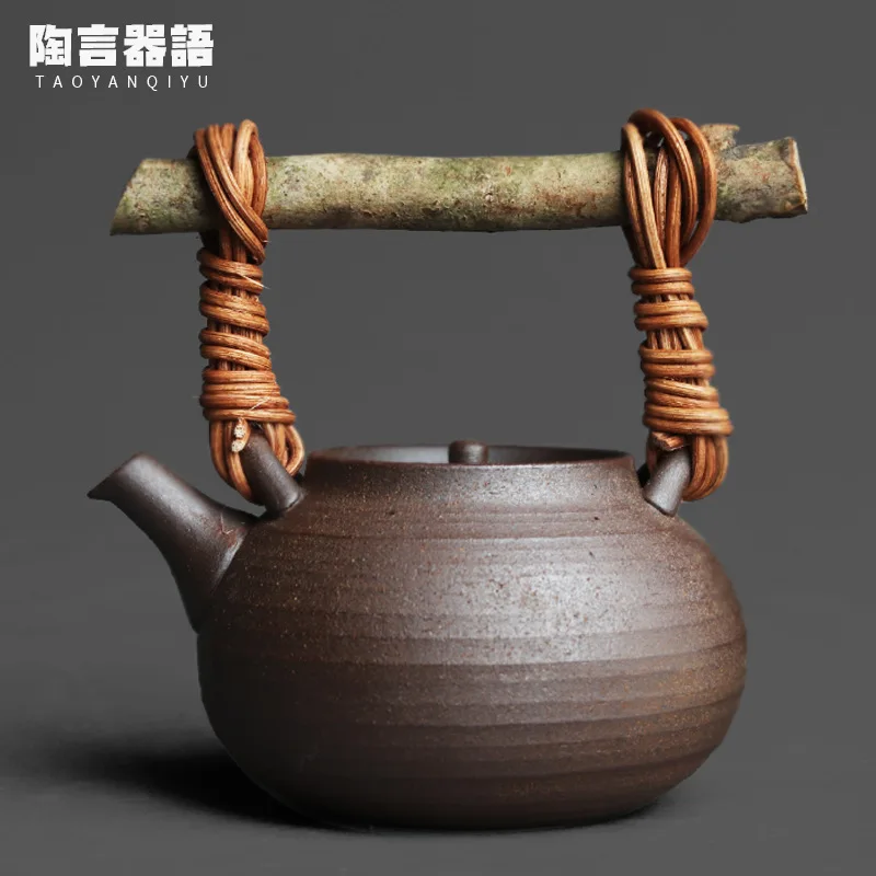 

Jingdezhen rock mine pottery clay wooden handle teapot ring handle handmade rattan retro pottery Japanese Zen tea maker single p