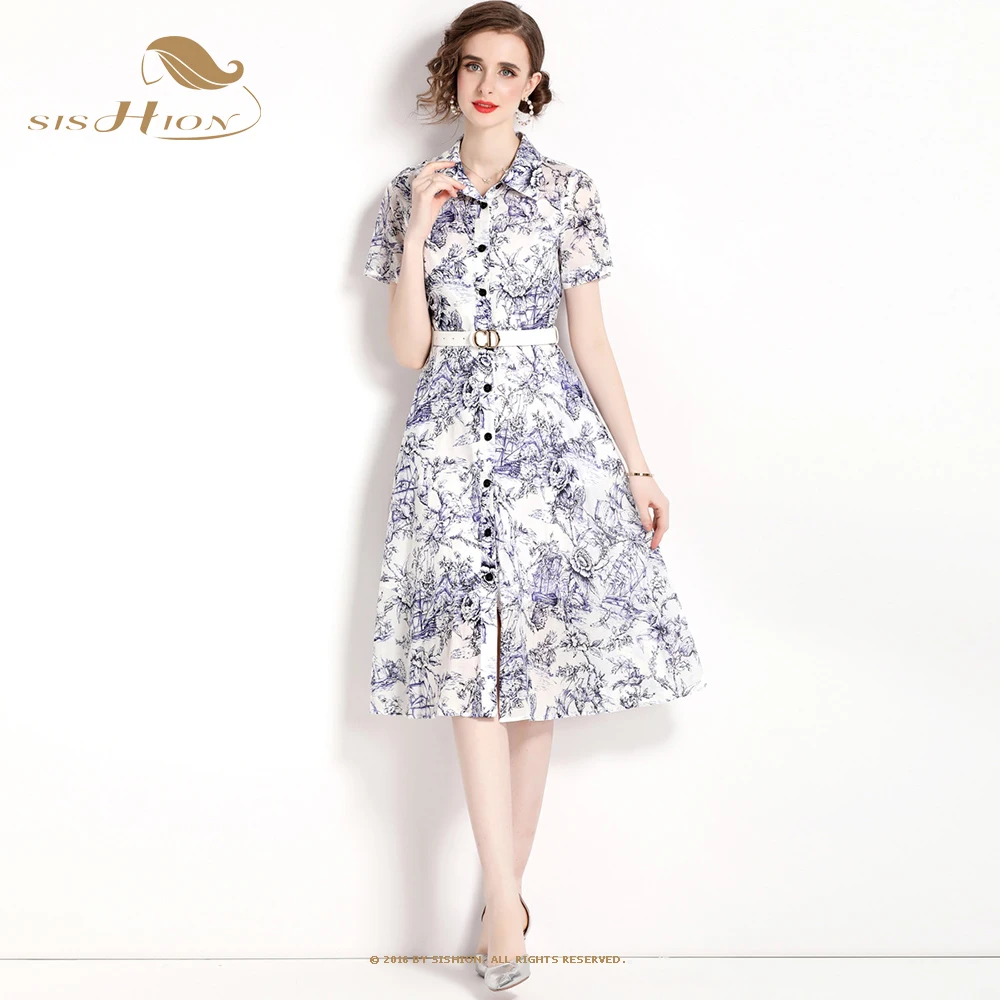 

Ladies Summer Short Sleeve Tunic Single Breasted Shirtdress 2023 Retro Floral Printed Long Dress Elegant Party Dresses VD3982