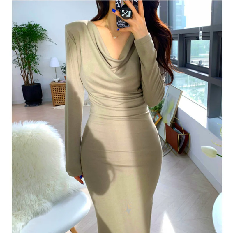 

WOMENGAGA Shoulder pad Pile collar maxi long dress long sleeves loose Korean slim hot sexy korean women sweet robe tops XY91