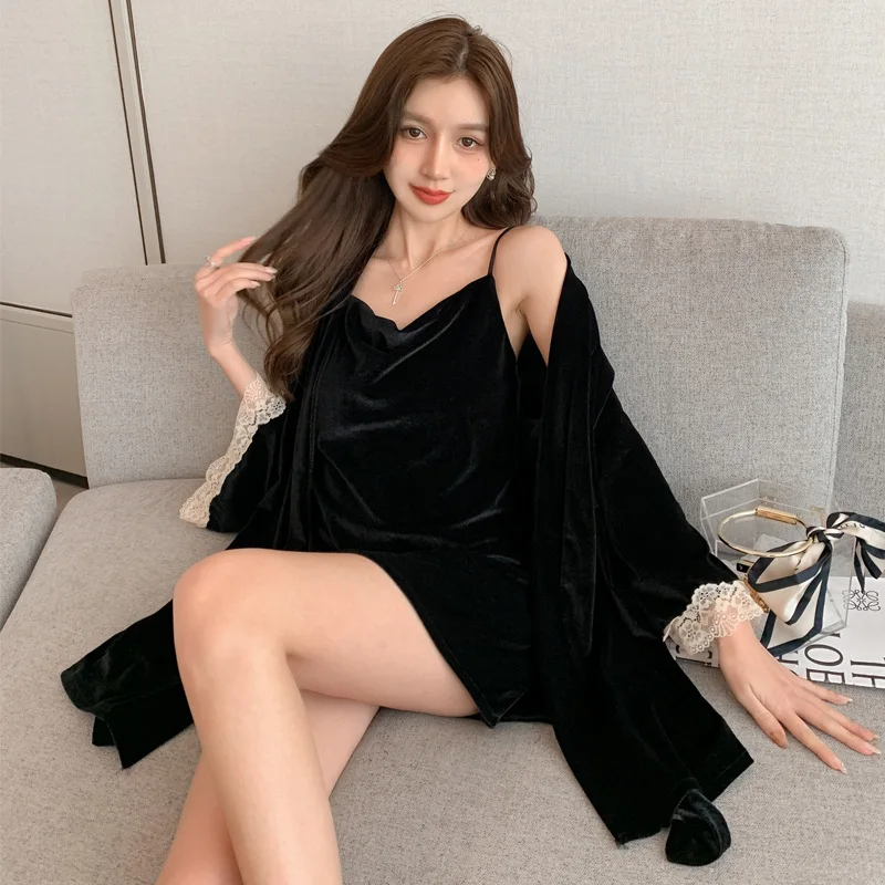 Velvet Pajamas For Women Bathrobe Female Set Solid Iace Long Sleeves Nightgowns Women Suspender Sleepwear Sexy Robe 2pieces Sets
