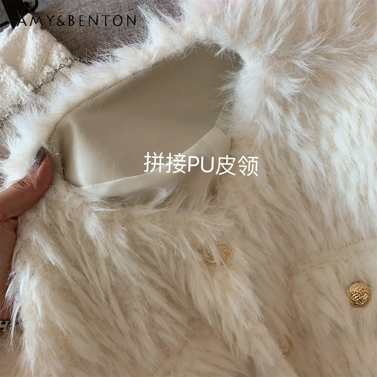 Patchwork PU Leather Gold Buckle Short Coat for Women Winter New Imitation Fur Flip Jacket Top Ladies Elegant High Brand Coat