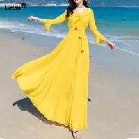 fashion casual v neck flounced edge solid color short sleeve dress elegant slender summer empire graceful womens clothing 2022