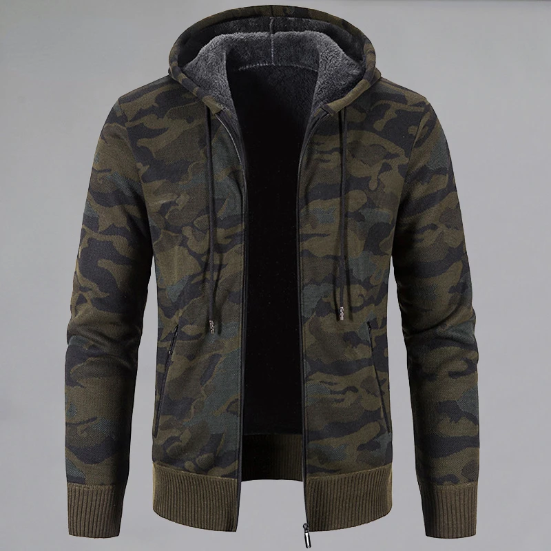 

Men Winter Thick Fleece Camouflage Sweater Hooded Cardigan Slim Fit Knitted Sweaters Jacket Male Outwear Warm Sweatercoat