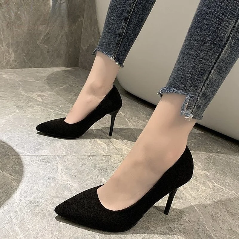 

2023 New Autumn Simple Elegant High Heels Stiletto Womens Shoes Pointed Black Etiquette Professional Single Shoes Wedding Shoes