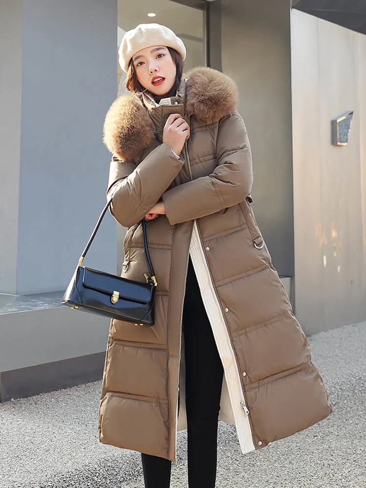 2022 New Winter Women Puffer Down Jacket Parkas Women Clothes Long Slim Fur Hooded Solid Warm Coats Female Outwear