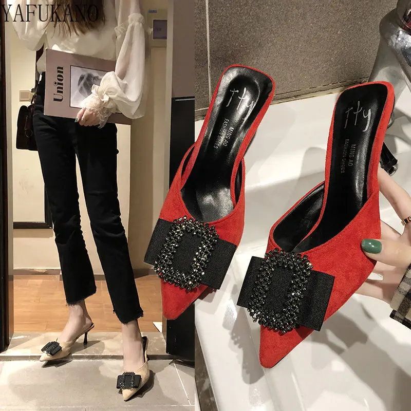 

Suede Pointed Toe Stiletto High Heels Slippers Rhinestone Square Buckle Fashion Small Fresh Mules Shoes Elegant Wedding Sandals