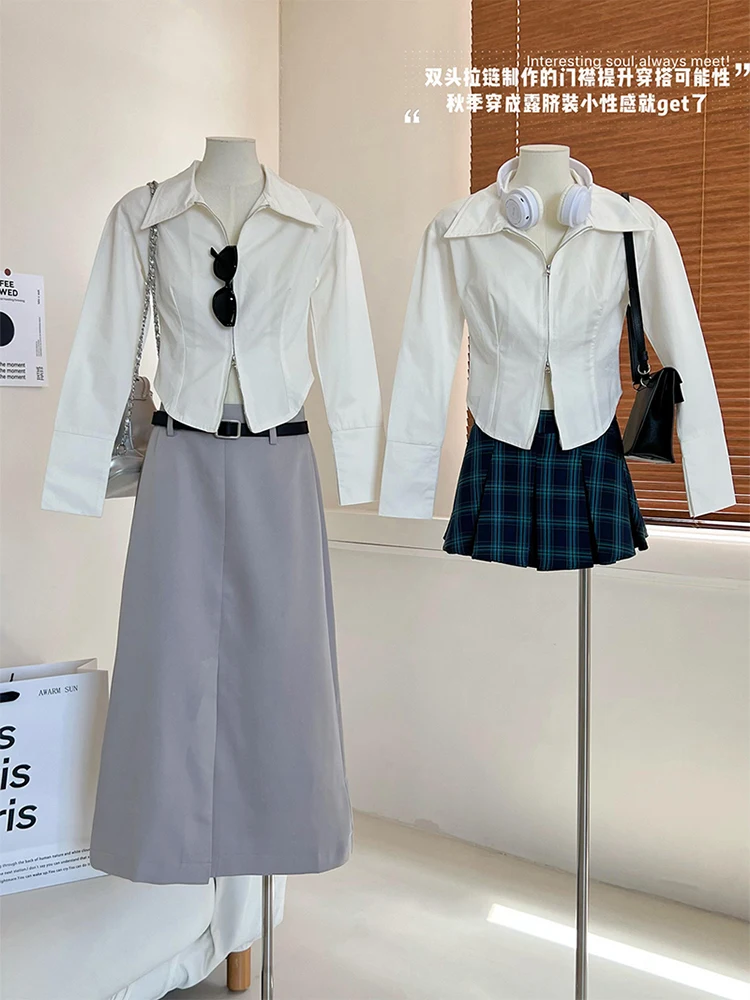

Vintage Formal Blouses Women Crop Top Polo-Neck Elegant Korean Office Lady Sweet Casual Shirts Zipper Shirt Sleeve Design Summer