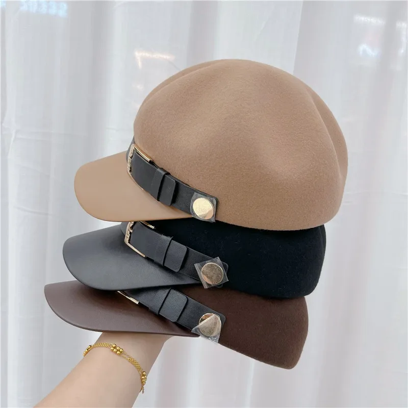 

202210-chen-dudu Прямая поставка зимняя Классическая шерстяная войлочная модная уличная восьмиугольная шляпа с полями из ПУ для мужчин и женщин Кепка с козырьком