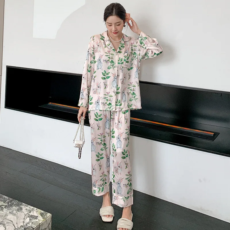 2023 Autumn Ice Silk Pajamas Women's Long-Sleeved Green Leaf Bunny Pajamas Suit High-Grade Internet Celebrity Homewear