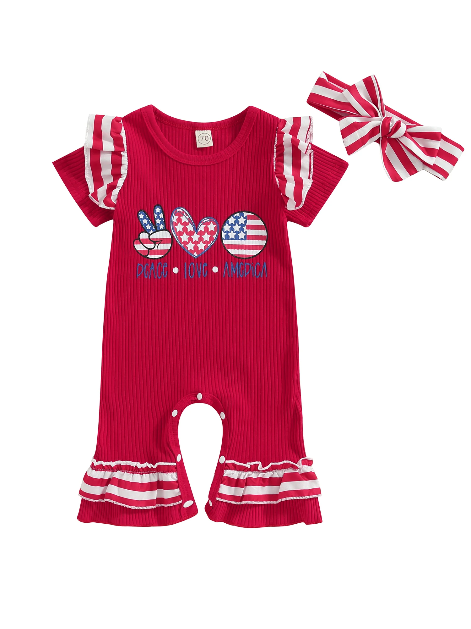 

Newborn 4th Fourth of July Baby Girl Outfits Ruffle Sleeve USA Romper Jumpsuit Headband Independence Day Clothes