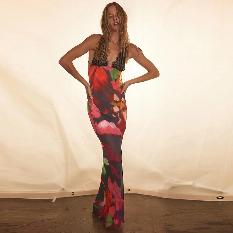 

Elegant Tie Dye Floral Chiffon Dress Summer Sexy Women Backless Lace Bodycon Long Evening Dresses Y2k Sleeveless Lace Vestido