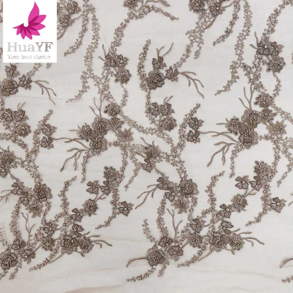 

Gorgeous Bridal Tulle Lace With Pearls And Beads Fabric For Wedding Dress HY1392
