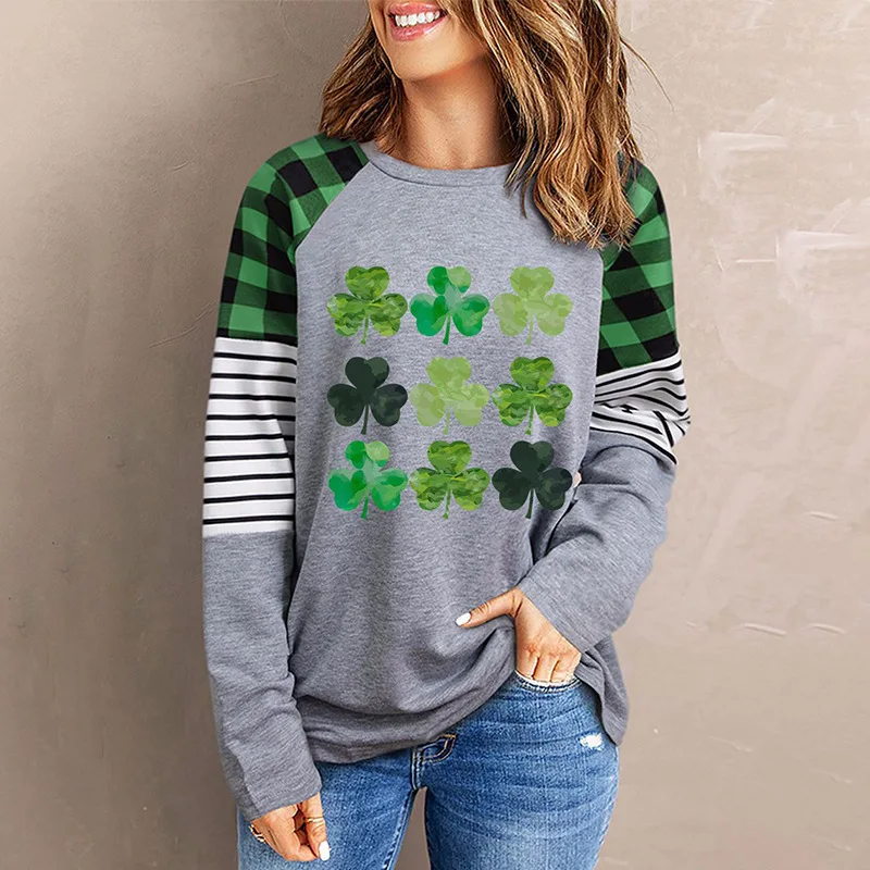 Green St. Patrick's Day lucky clover print sweatshirt long sleeve sweatshirt