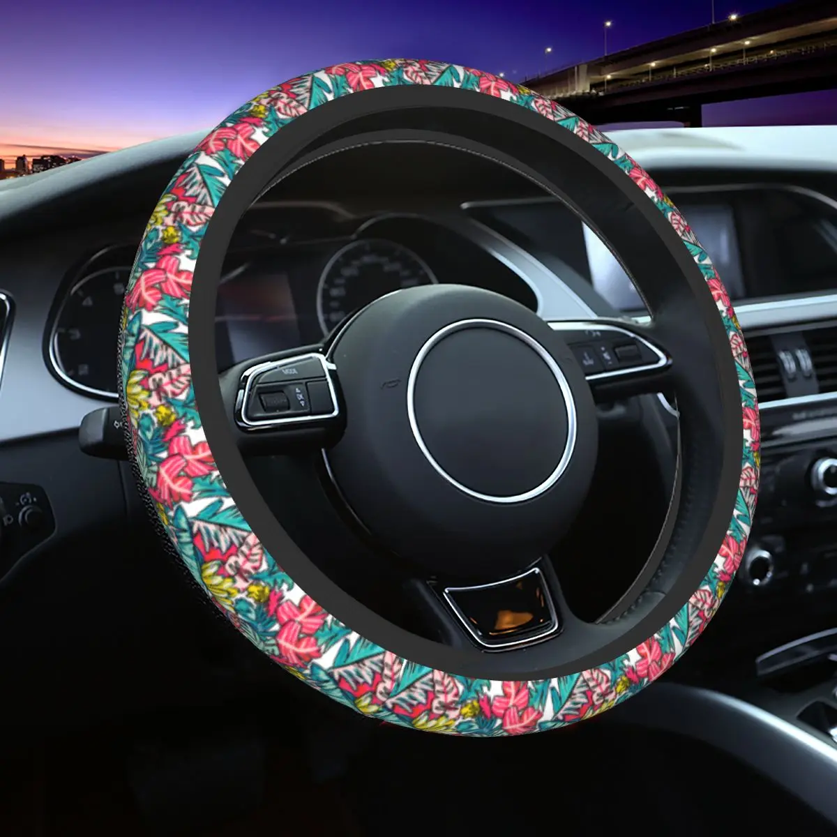 

Colorful Banana Leaves Leaf Steering Wheel Cover for Girls Soft Steering Wheel Protector Universal Fit 15 inch Car Accessories