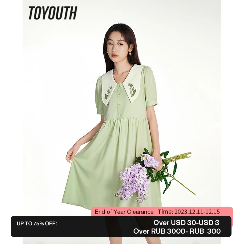 

Toyouth Women Dress 2023 Summer Puff Sleeves Butterfly Neck Embroidery High Waist A-shape Holiday Daily Green Middle Skirt