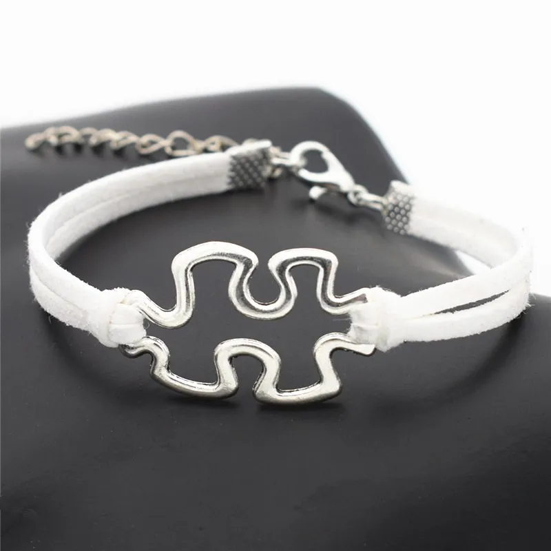

New Handmade White Leather Rope Adjustable Charm Bracelet & Bangles With Silver Color Puzzle Jewelry For Woman Man Gift Pulseras
