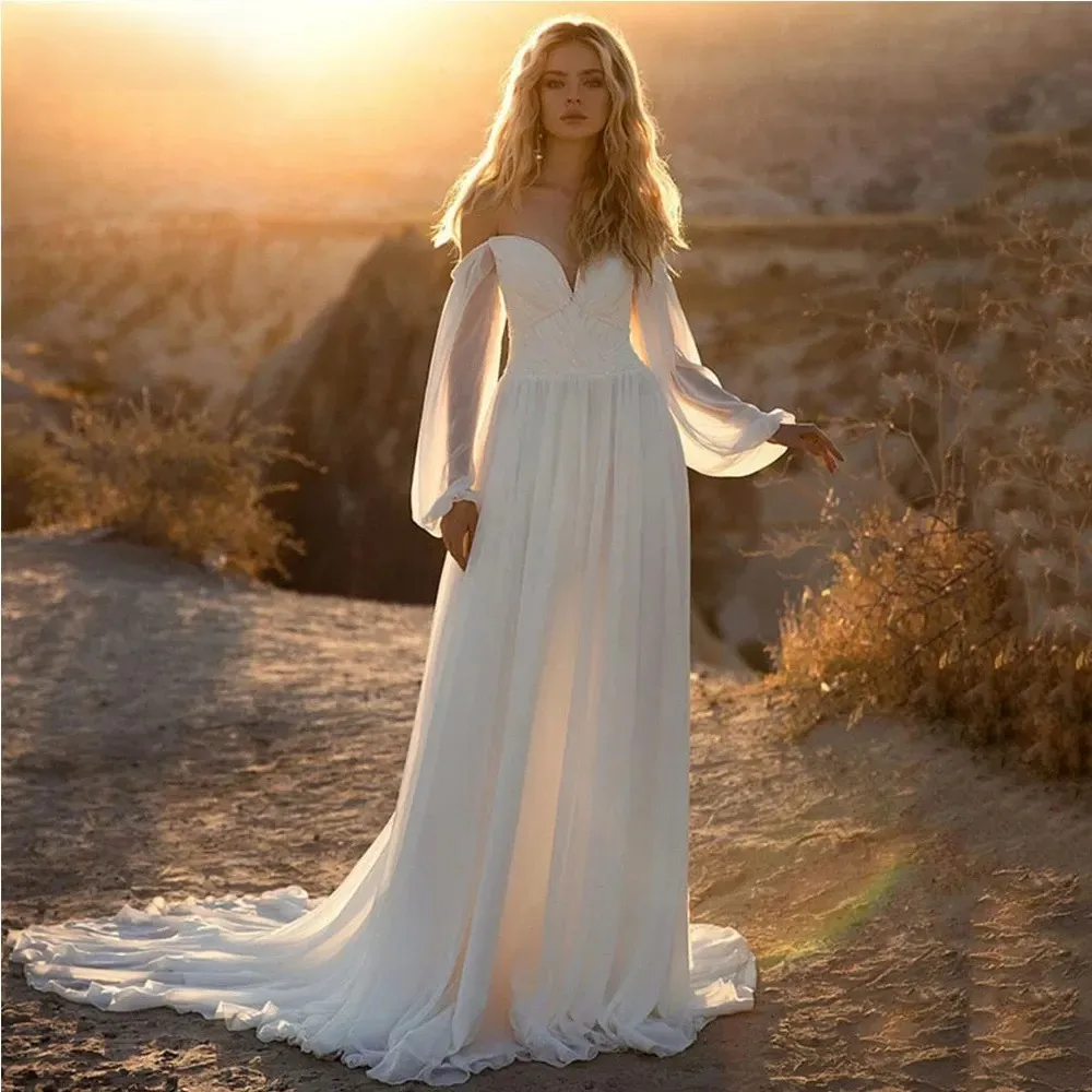 

Sexy Deep V-Neck Wedding Dresses Illusion Chiffon Puff Sleeves Sweep Train Bride Gown for Woman Bridal Robe Vestido De Novia