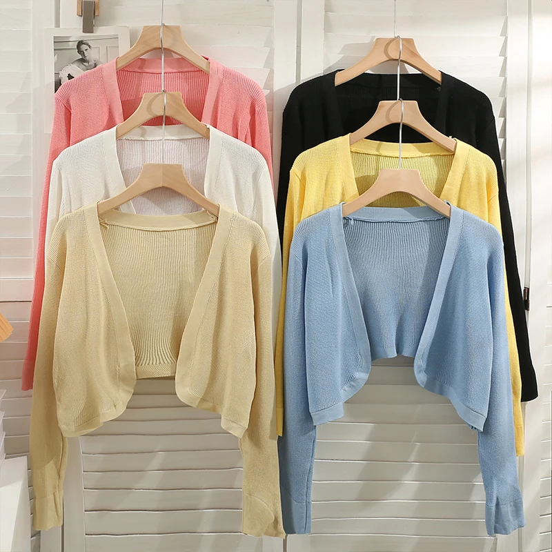 

Summer Thin Short Cardigan Women Long Sleeve Knitted Tee Shirts Crop Tops Female Open Stitch Sweater Shirts