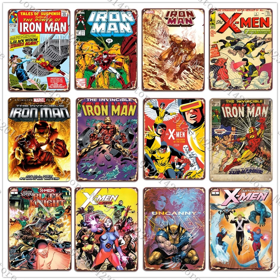 

Marvel Железный человек, винтажное искусство, металлическая фотография, Стиль X-Man, ретро фильм, комикс, металлическая пластина, мужская пещера, ...