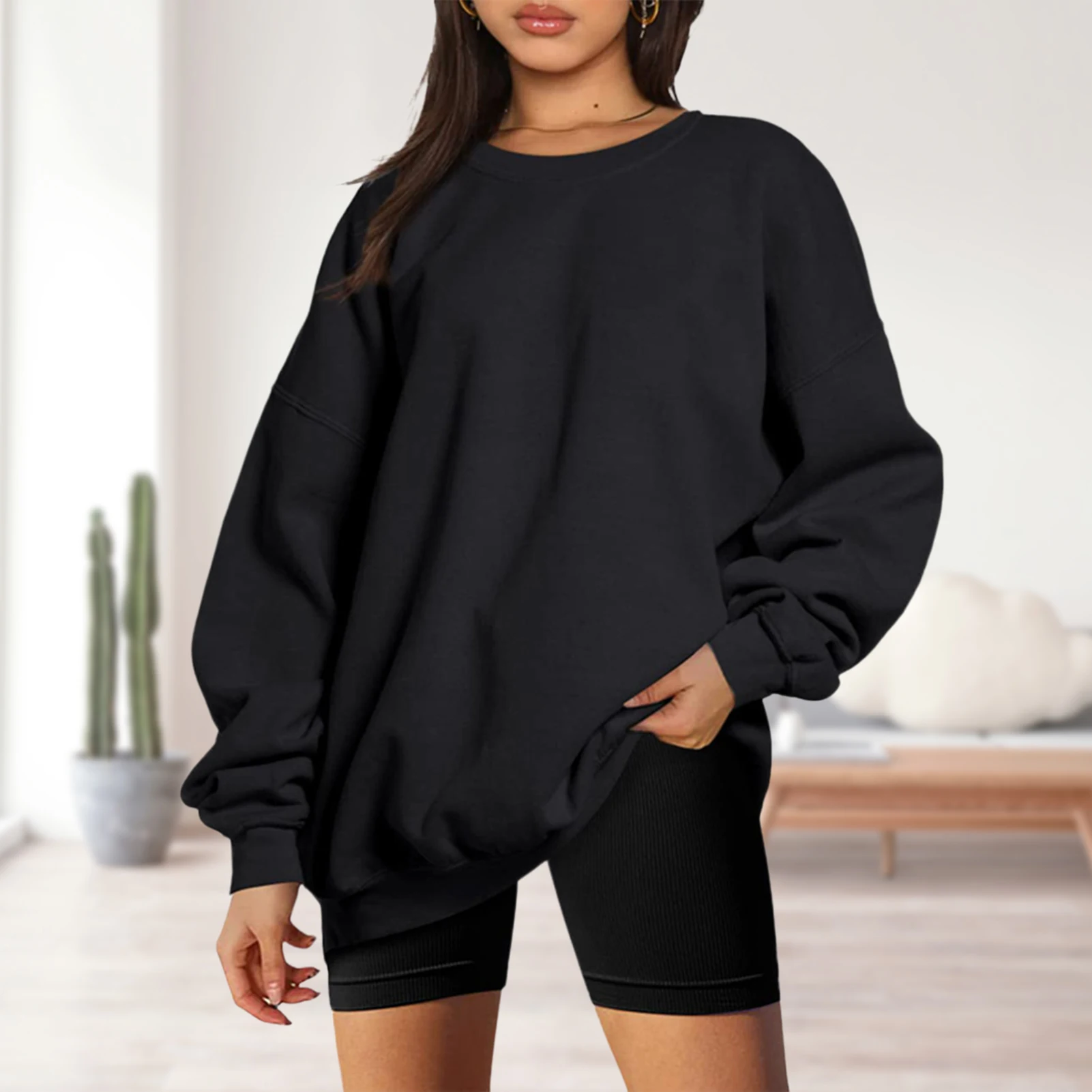 

2023 Women Long Sleeve Sweatshirts Ladies Autumn Solid Color Pullover Crew Neck Hoodie Casual Simple Top Loose Sporty Outfit