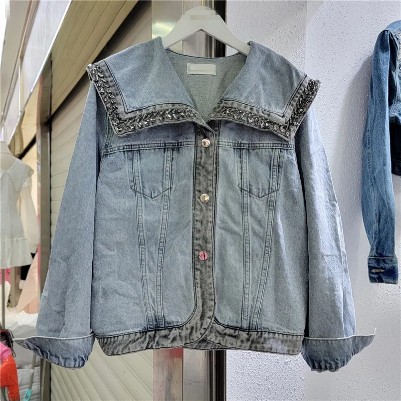 

2023 Spring Summer New Long Sleeve Single-Breasted Jeans Jacket Heavy-Duty Beaded Lapel Loose Denim Coat for Women Jean Jackets