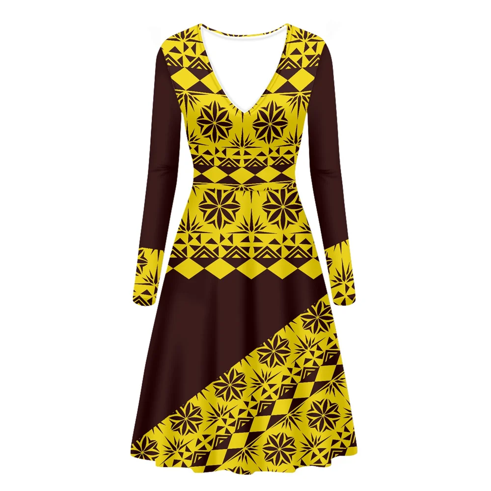 

New Arrival Women Casual V-neck Short Sleeve Ankle Length Dresses For Women Party Club Wear Polynesian Tribal Yellow Tapa Print