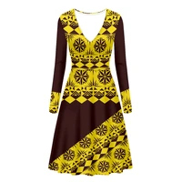 new arrival women casual v neck short sleeve ankle length dresses for women party club wear polynesian tribal yellow tapa print