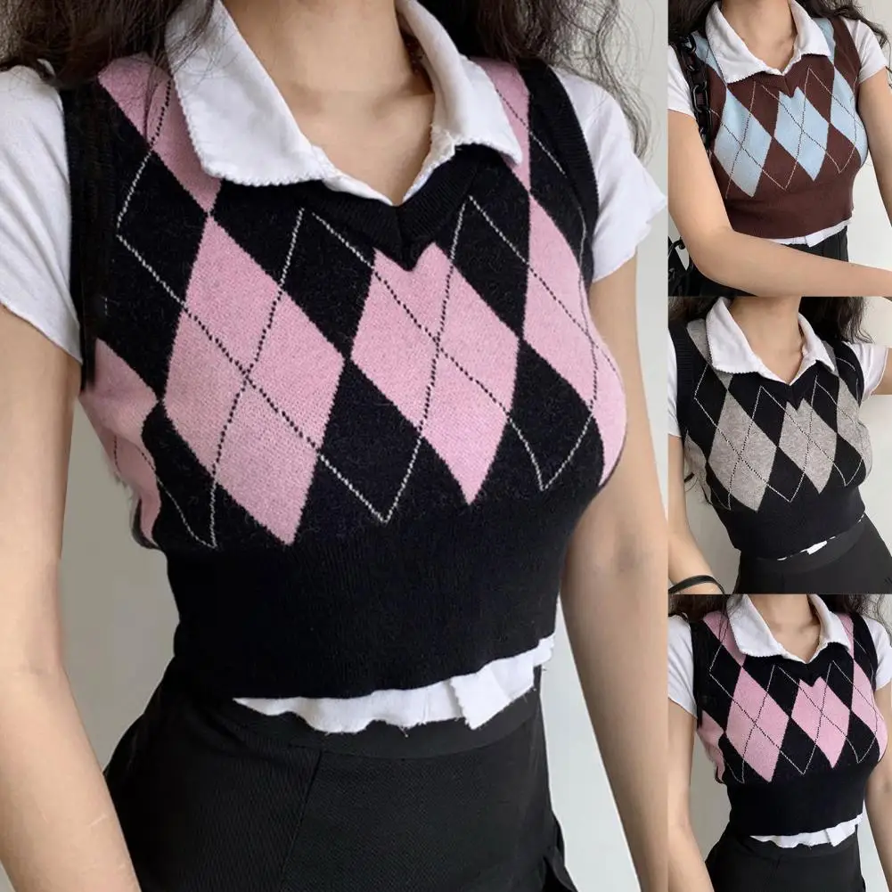 

Girls Stylish V Neck Knitted Sweater Vest Vintage Knitting Top Rhombus Pattern for Party