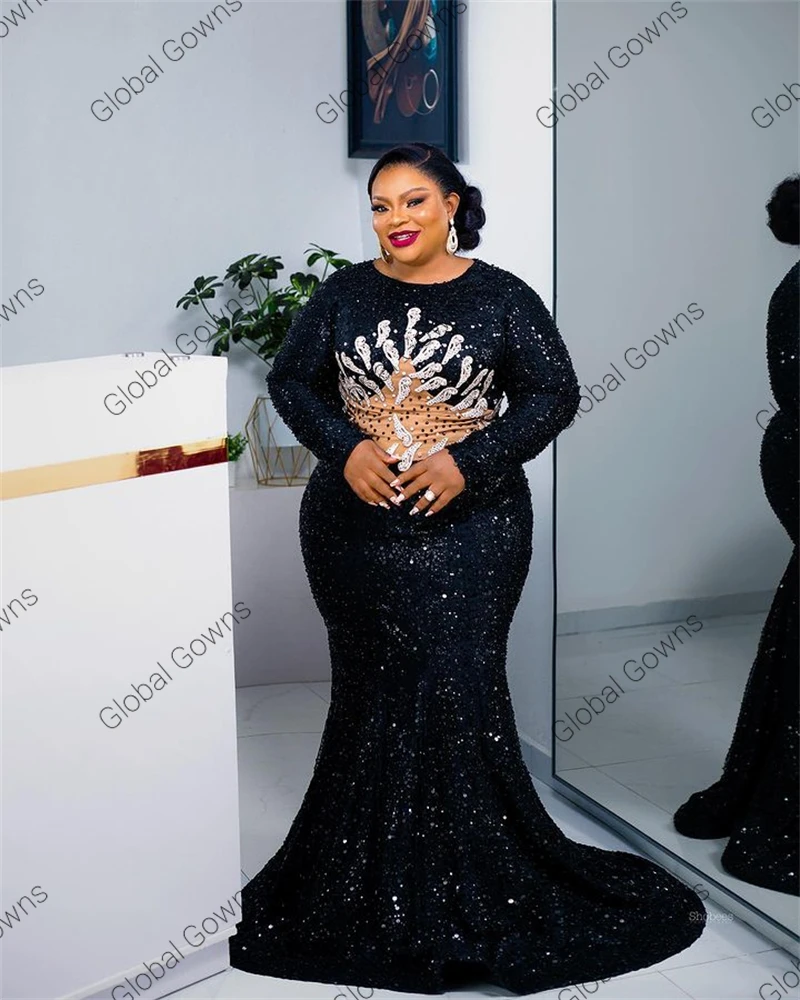 

O Neck Evening Dress For Black Girls 2023 Sequined Long Prom Dresses Appliques Birthday Party Gowns Aso Ebi African Robe De Bal