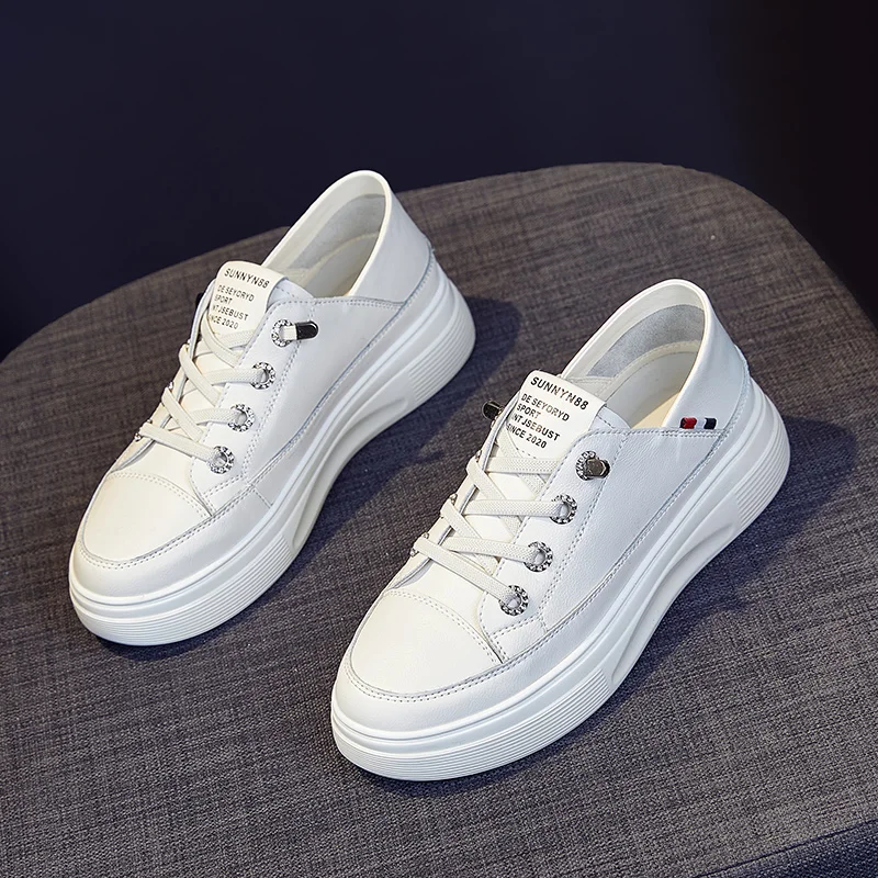 2023 women's platform sports shoes lace up fashion vulcanized shoes solid color comfortable skateboard casual white thick soled