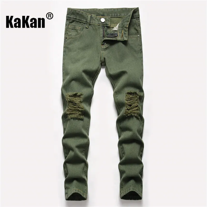 Kakan - New European and American Distressed Straight Leg Jeans for Men, Washed Youth Grey Casual Long Jeans K44-871