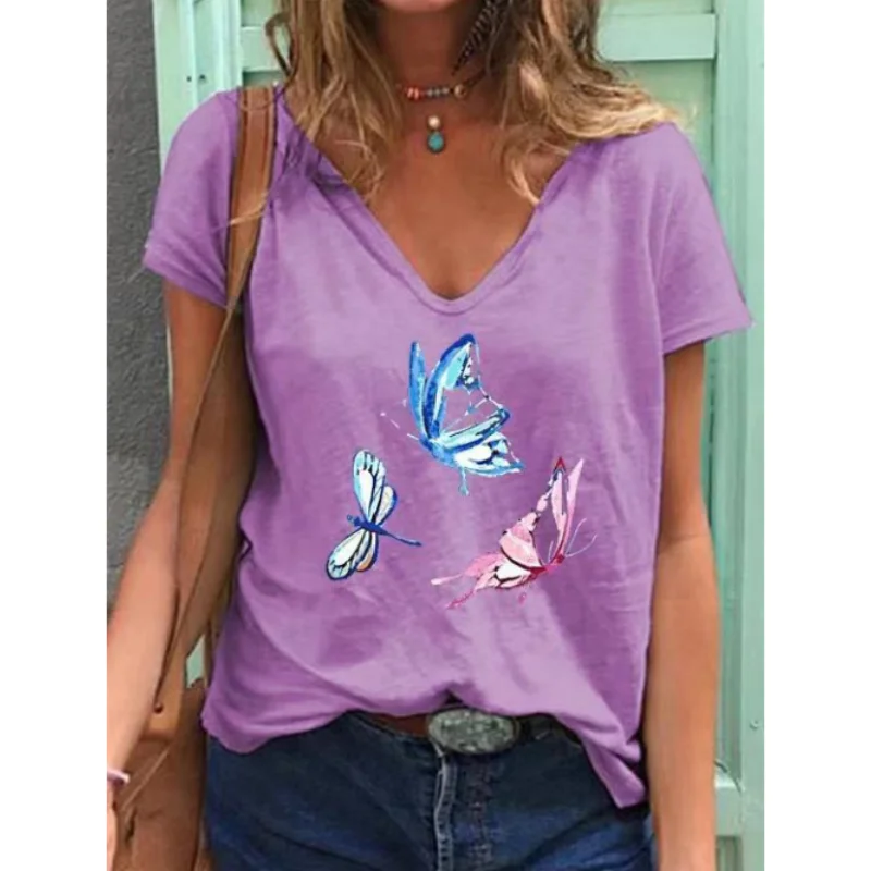 

Women's T-shirt Butterfly 3d Print V-neck Women's T-shirt 2023 New Fashion Casual Simple Loose Summer Ladies Tops Short-sleeved