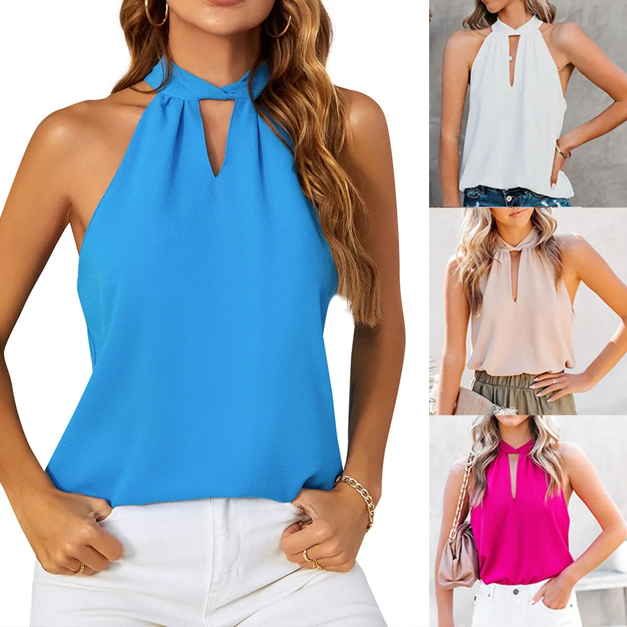 

Versatile Women's Top 2023 Summer Paris Beaded Chiffon Sexy Solid Color Hanging Collar Pullover Lace Up Tank Top Sleeveless Top