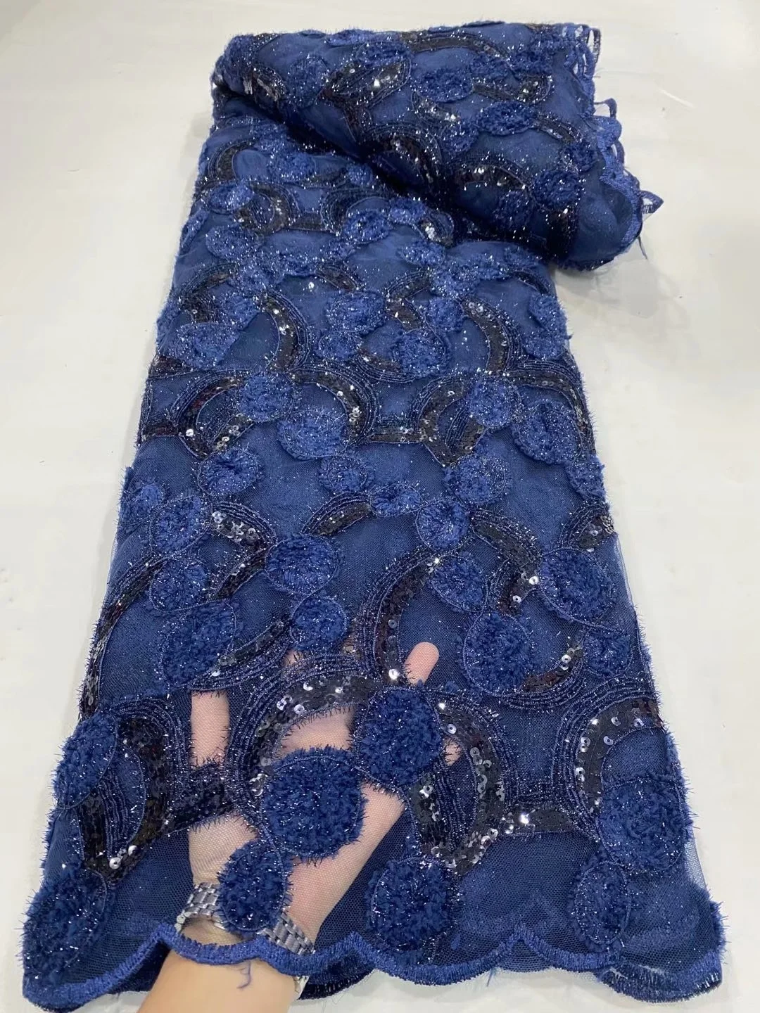 

Blue high quality african lace fabric 2022 embroidery french net lace with sequins for evening party dress