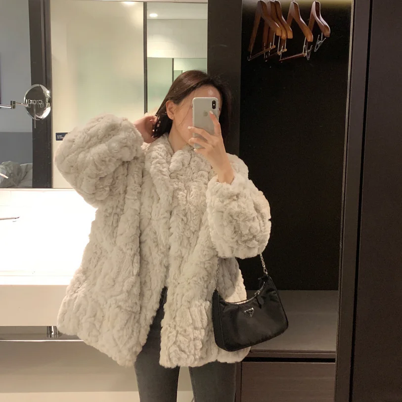 ICCLEK 2020 winter new Korean imitation Rex rabbit fur coat medium long thickened Lantern Sleeve Lamb Fur grass Plush coat