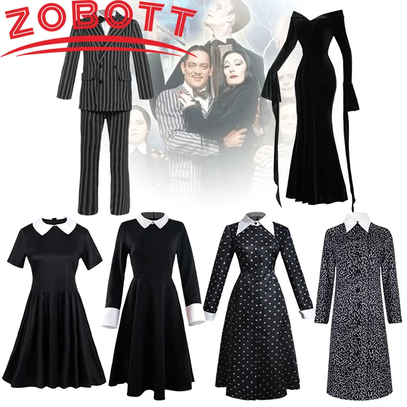 

Wednesday Addams Cosplay Family Costume Addams Morticia Dress Wigs Kids Women Vintage Gothic Gomez Father Suits Outfits