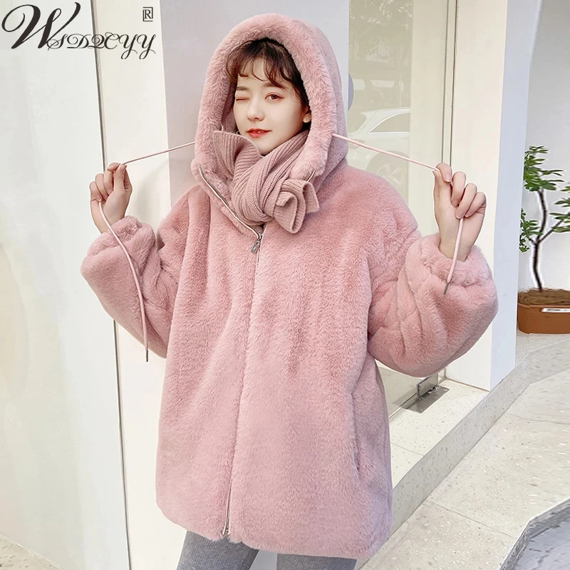 High Puality Imitation Rabbit Plush Fur Coat Women's Winter Warm Fluffy Plush Jackets Street Kawaii Casual Loose Hooded Overcoat