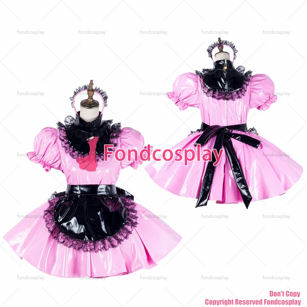 

tailor-made sexy adult dressing cross maid sissy short baby pink thin pvc dress lockable black apron uniform tv/cd[g2042]
