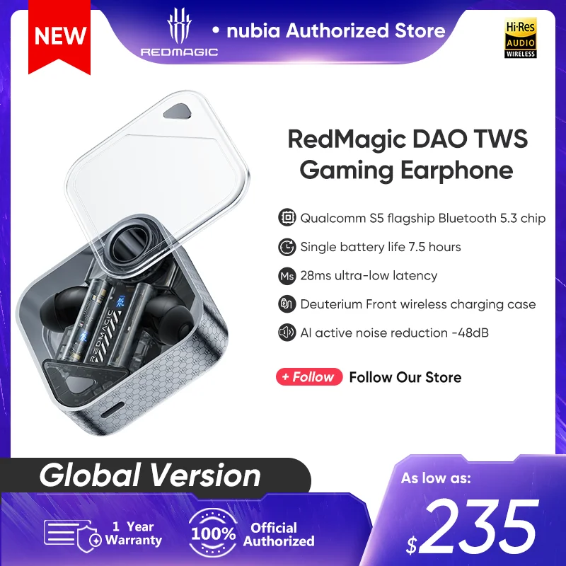 

Nubia RedMagic DAO TWS Gaming Earphone for Redmagic 8s pro Wireless Bluetooth 7.5 hours ANC AI Active Noise Reduction